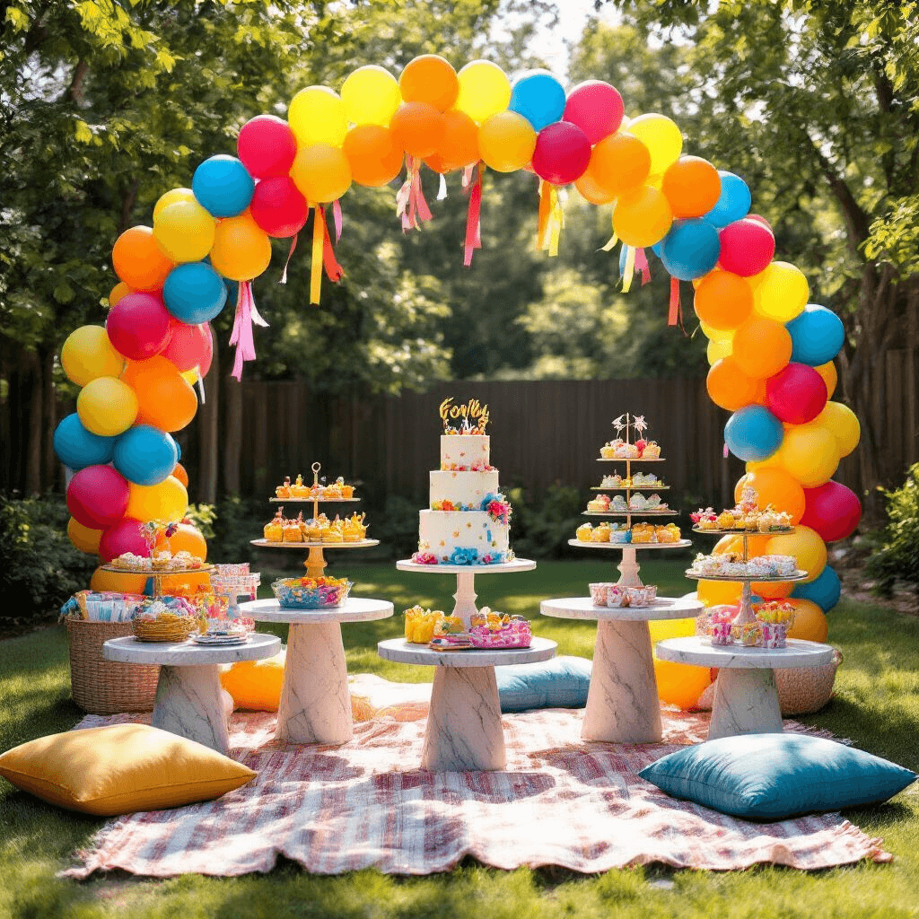 A stylish backyard birthday setup with bold primary-colored giant foil number balloons, tiered cake displays on marble stands, playful streamers, custom party favors, a vibrant balloon arch, picnic blankets, and floor cushions.