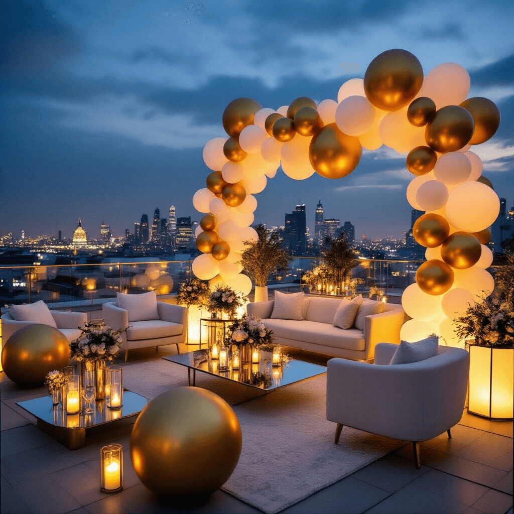 Moody wide-angle view of a rooftop terrace corporate event featuring metallic gold and ivory balloon installations, modern furniture, and twinkling city lights, creating a sophisticated and celebratory atmosphere.