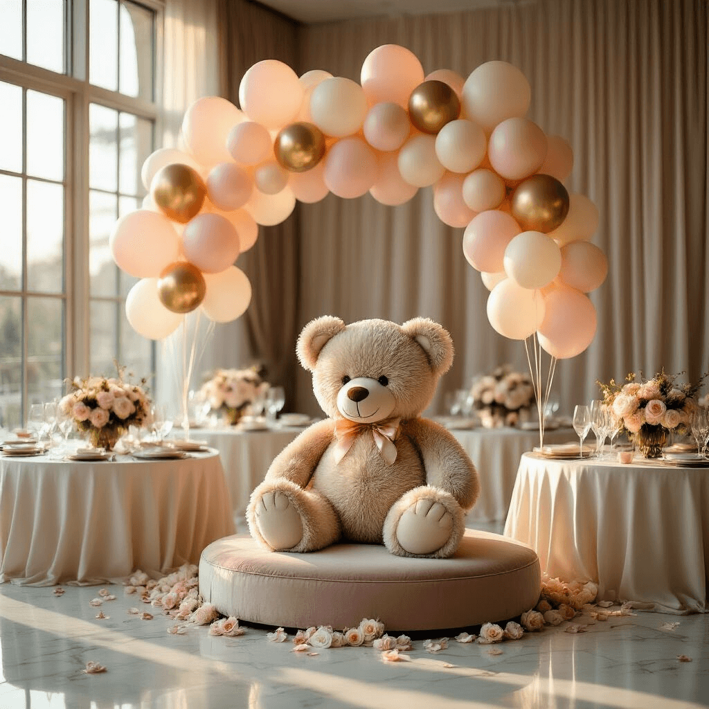 Cinematic wide-angle shot of an elegant indoor ballroom at golden hour, showcasing an oversized plush teddy bear on a velvet cushion, surrounded by clusters of blush pink, cream, and gold balloons, with silk-draped tables, crystal glassware, fresh peonies, and soft sunlight illuminating marble floors.