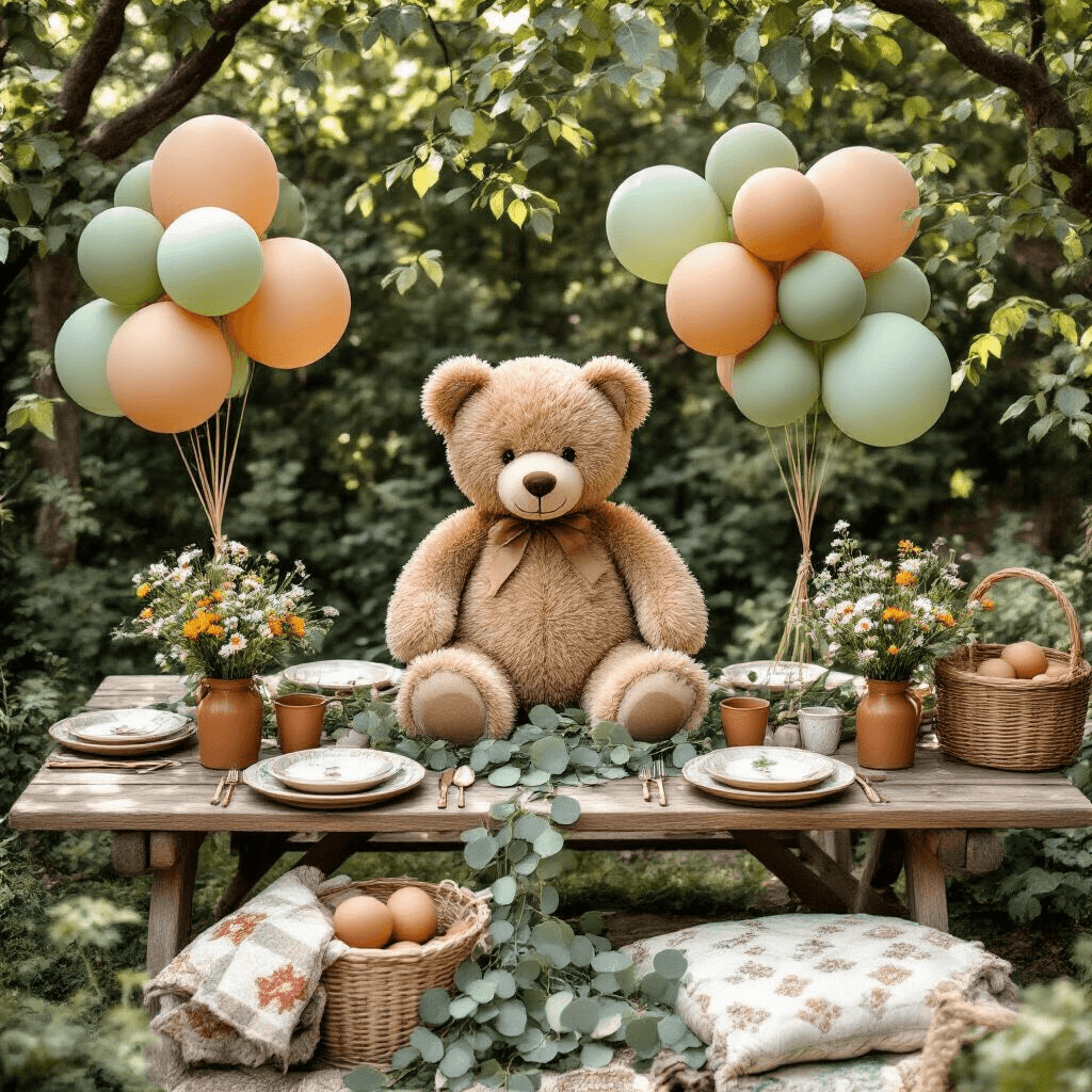 Overhead view of a charming garden party setup featuring a medium teddy bear among terracotta and sage green balloons, rustic wooden picnic tables with ceramic dishware and eucalyptus garlands, mason jar wildflower centerpieces, vintage quilts, and wicker baskets, all illuminated by soft morning light.
