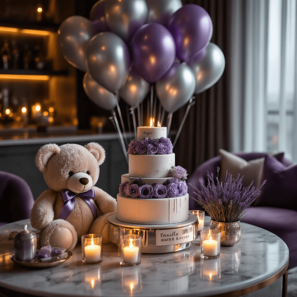 Close-up of a luxurious birthday celebration featuring a designer teddy bear next to a tiered cake display, surrounded by lavender and silver balloons. Candlelight casts a warm glow on marble countertops, complemented by velvet chair cushions and sheer curtains. Custom party favors and personalized signage enhance the elegant decor, while moody lighting and fairy lights add a touch of sparkle.