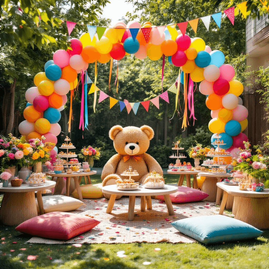 A whimsical children's party set in a stylish backyard, featuring a large teddy bear centerpiece, bold primary-colored balloons, rainbow streamers, low tables with floor cushions, a dessert cart with tiered treats, balloon arches, fresh florals, colorful bunting, DIY photo booth props, and scattered confetti, all illuminated by bright midday sunlight.