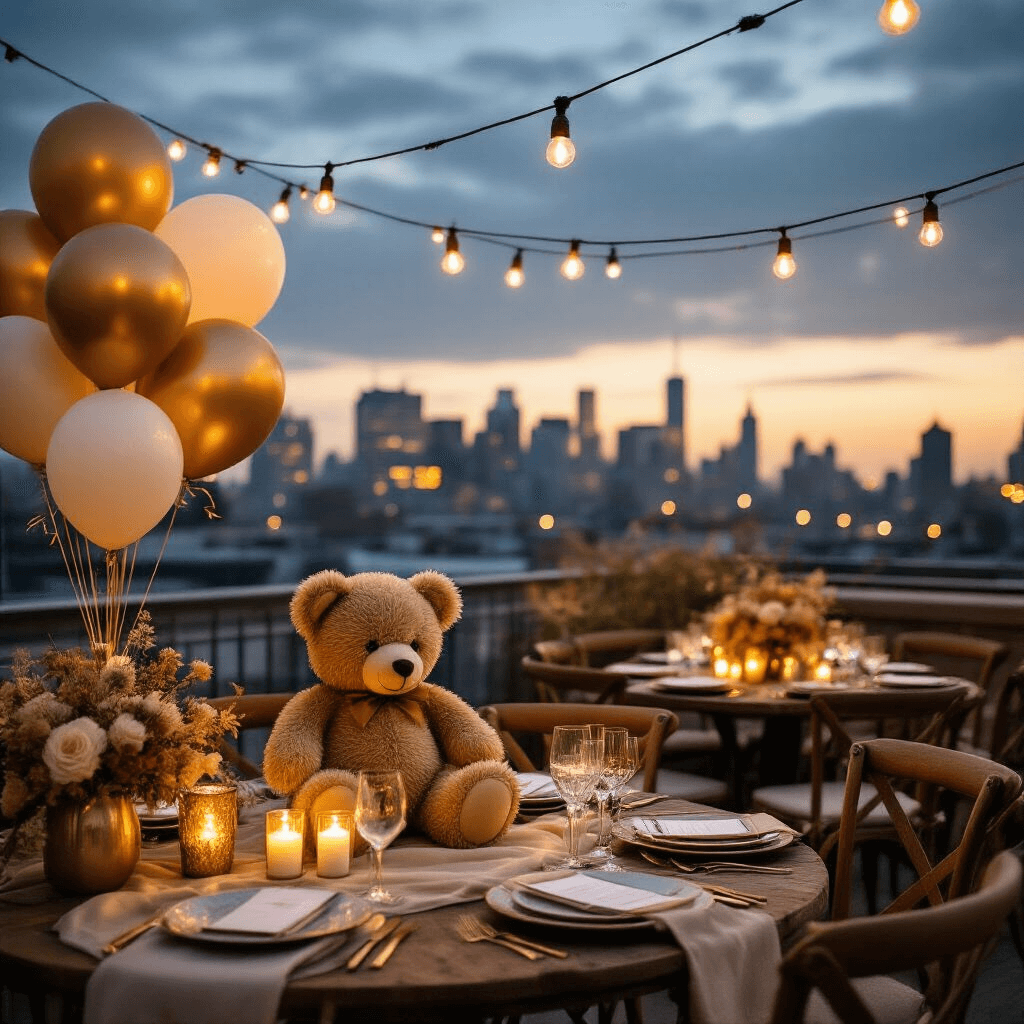 Moody rooftop terrace celebration with fairy lights, vintage teddy bear among gold and ivory balloon clusters, rustic wooden tables set with mixed metallic and ceramic place settings, dried flower arrangements, layered textiles, and romantic candlelight against a city skyline backdrop.