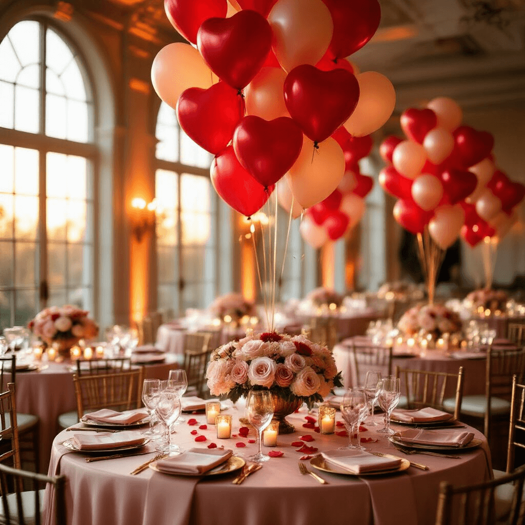 Cinematic wide-angle shot of an elegant indoor ballroom at golden hour, adorned with cascading red heart balloons, round tables with blush pink silk linens and gold accents, crystal glassware, ivory rose centerpieces, flickering candles, and rose petals, featuring a deep red and neutral color palette with metallic gold touches.