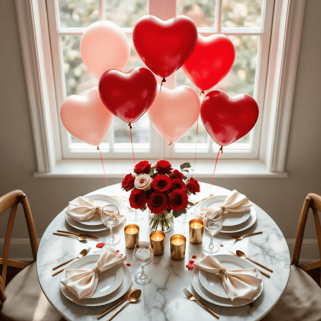 Overhead view of a romantic dining nook with red heart balloons, a marble table set with white plates and gold-rimmed glassware, surrounded by fresh red roses and vanilla candles, all illuminated by soft morning light.
