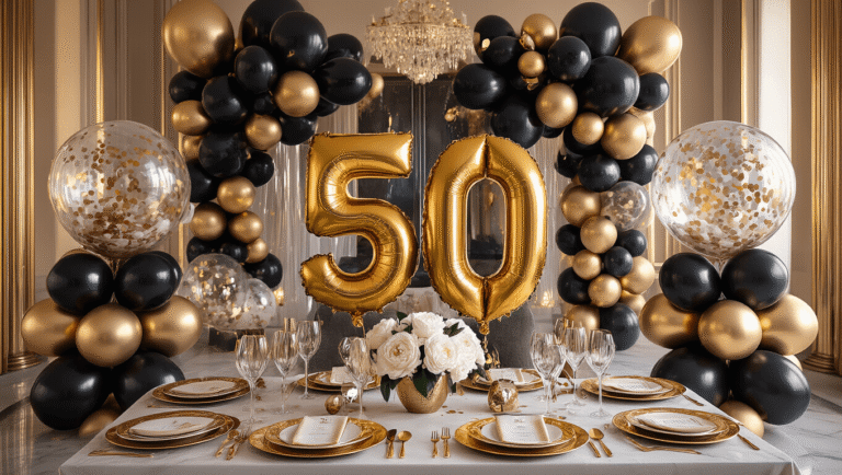 Cinematic wide-angle shot of an elegant 50th birthday celebration with black and gold balloon décor, metallic '50' centerpieces, luxurious silk ivory table linens, and crystal glassware. Warm golden hour lighting enhances textures and creates an inviting atmosphere with soft background focus, candlelight, and string lights.