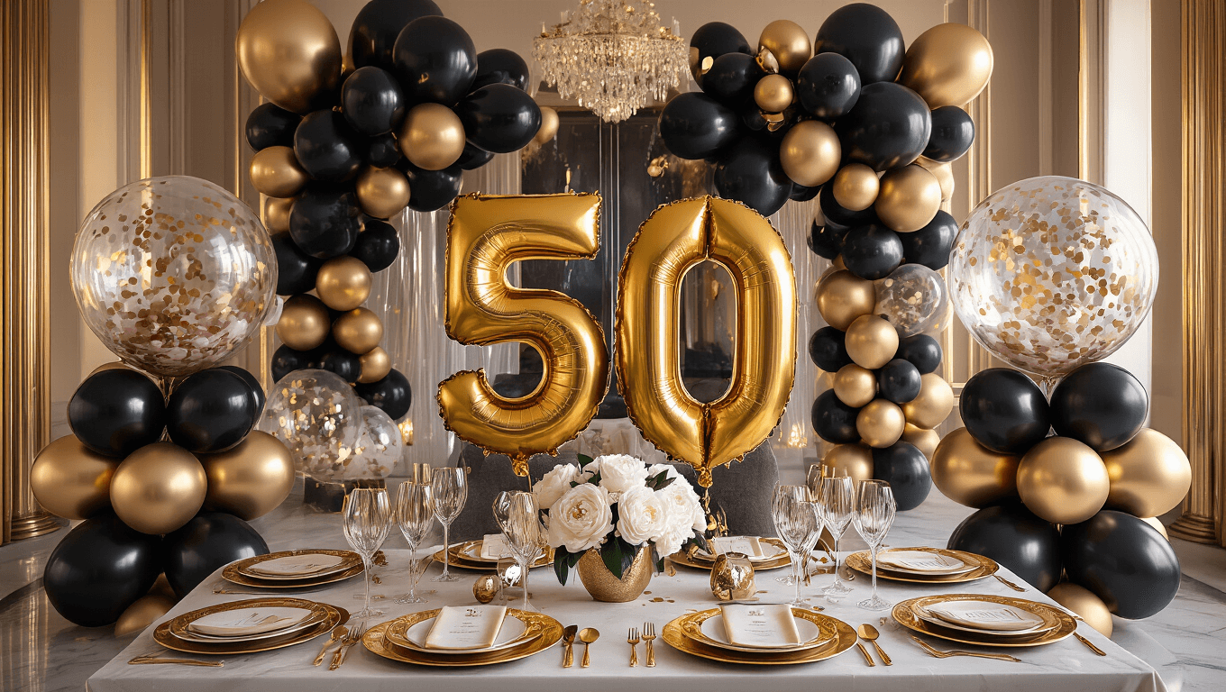 Cinematic wide-angle shot of an elegant 50th birthday celebration with black and gold balloon décor, metallic '50' centerpieces, luxurious silk ivory table linens, and crystal glassware. Warm golden hour lighting enhances textures and creates an inviting atmosphere with soft background focus, candlelight, and string lights.
