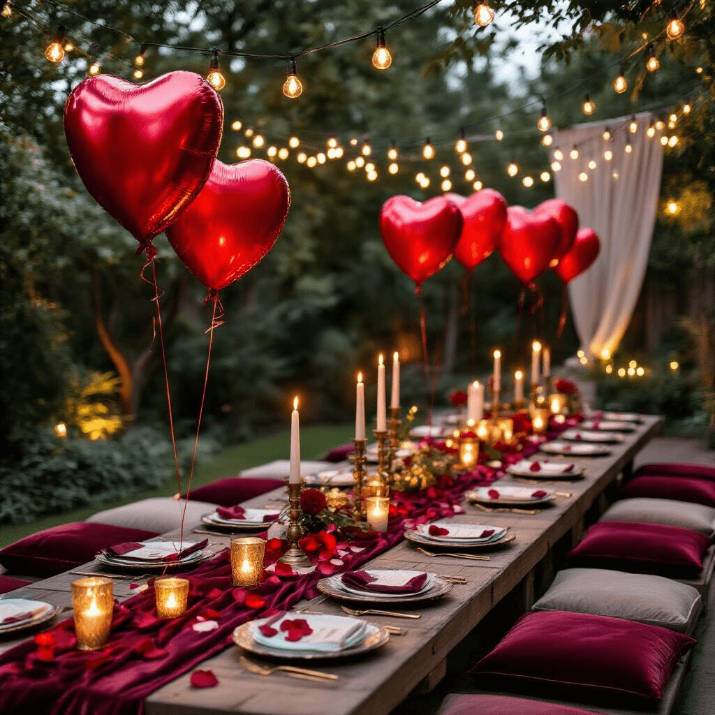 Close-up detail of a romantic backyard anniversary celebration featuring heart mylar balloons, low wooden tables with velvet cushions, fairy lights, layered textiles, vintage brass candles, and rose petals, creating an intimate candlelit atmosphere.