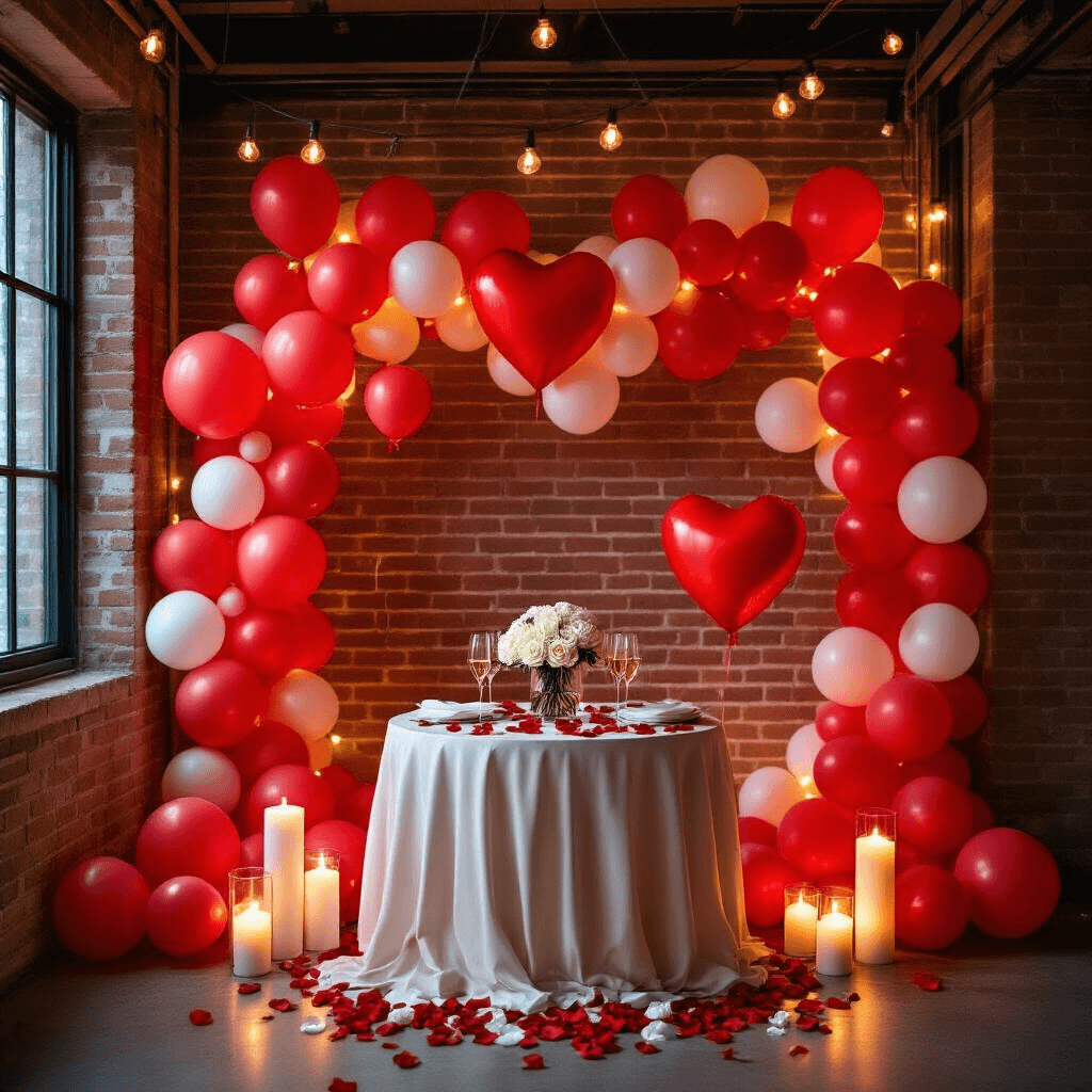 A romantic apartment proposal setup with a balloon wall of red heart balloons, softly illuminated by string lights and candles, featuring a small table adorned with champagne flutes and white roses, surrounded by rose petals and floating balloons.