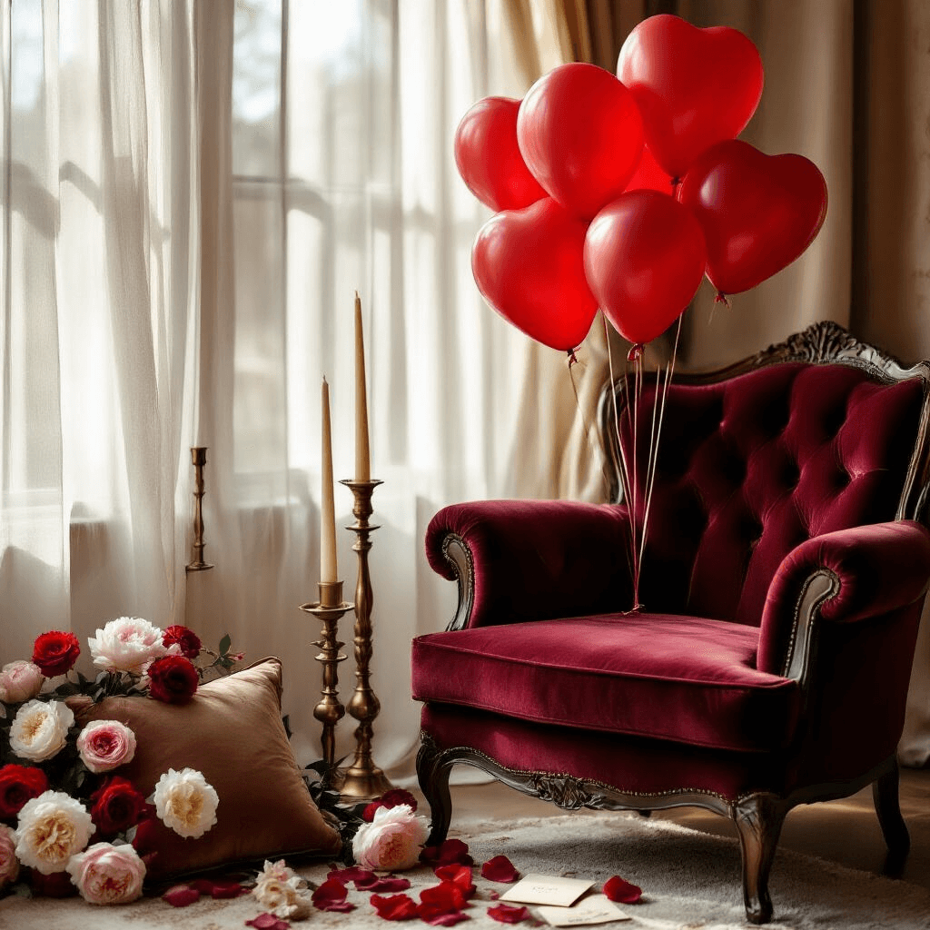 Close-up of a romantic living room corner featuring red heart latex balloons near a vintage burgundy velvet armchair, with sheer curtains filtering sunlight. Decor includes silk throw pillows, brass candlesticks, fresh peonies, and scattered love letters, creating an intimate, luxurious ambiance.