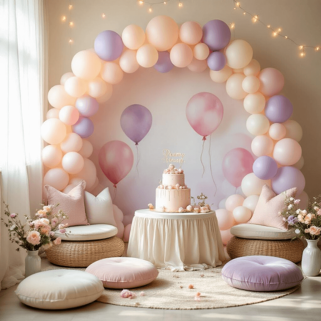 Balloon Wallpapers: Transform Your Space with Whimsical Design A dreamy children's bedroom party setup featuring soft pastel balloon wallpaper, a low round table with silk cushions, a tiered birthday cake with balloon toppers, scattered cream velvet floor cushions, delicate florals in ceramic vases, and twinkling fairy lights, all illuminated by golden hour light.