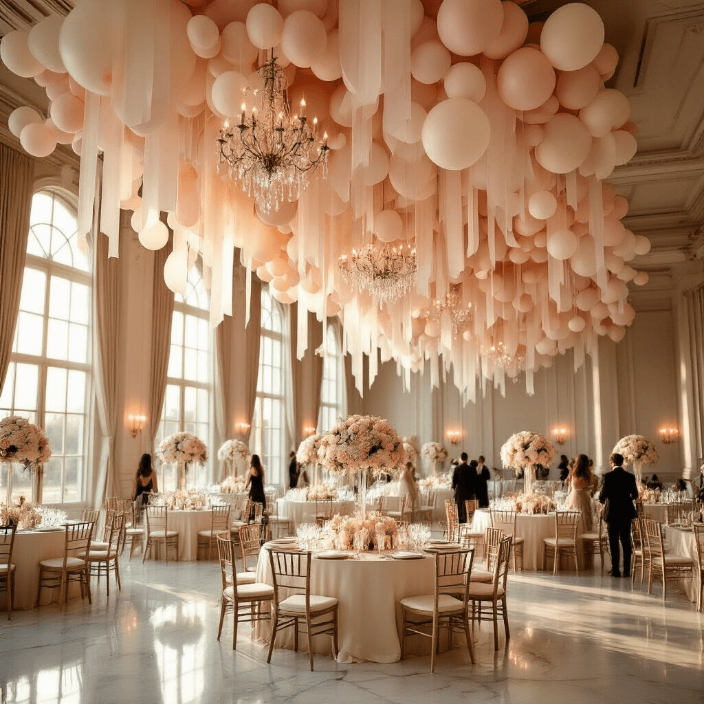 Cinematic wide-angle shot of an elegant indoor ballroom adorned with blush pink and cream balloon installations, soft natural light filtering through tall windows onto marble floors, and guests mingling around beautifully styled tables with ivory centerpieces.