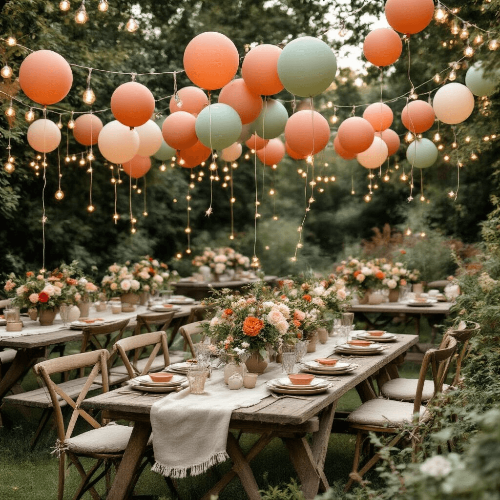 Overhead view of a whimsical garden party featuring terracotta and sage balloon garlands, rustic wooden picnic tables with fresh florals and linen runners, vintage chairs intertwined with balloon chains, twinkling fairy lights, ceramic place settings, and glass mason jars amidst layered textiles and natural elements.