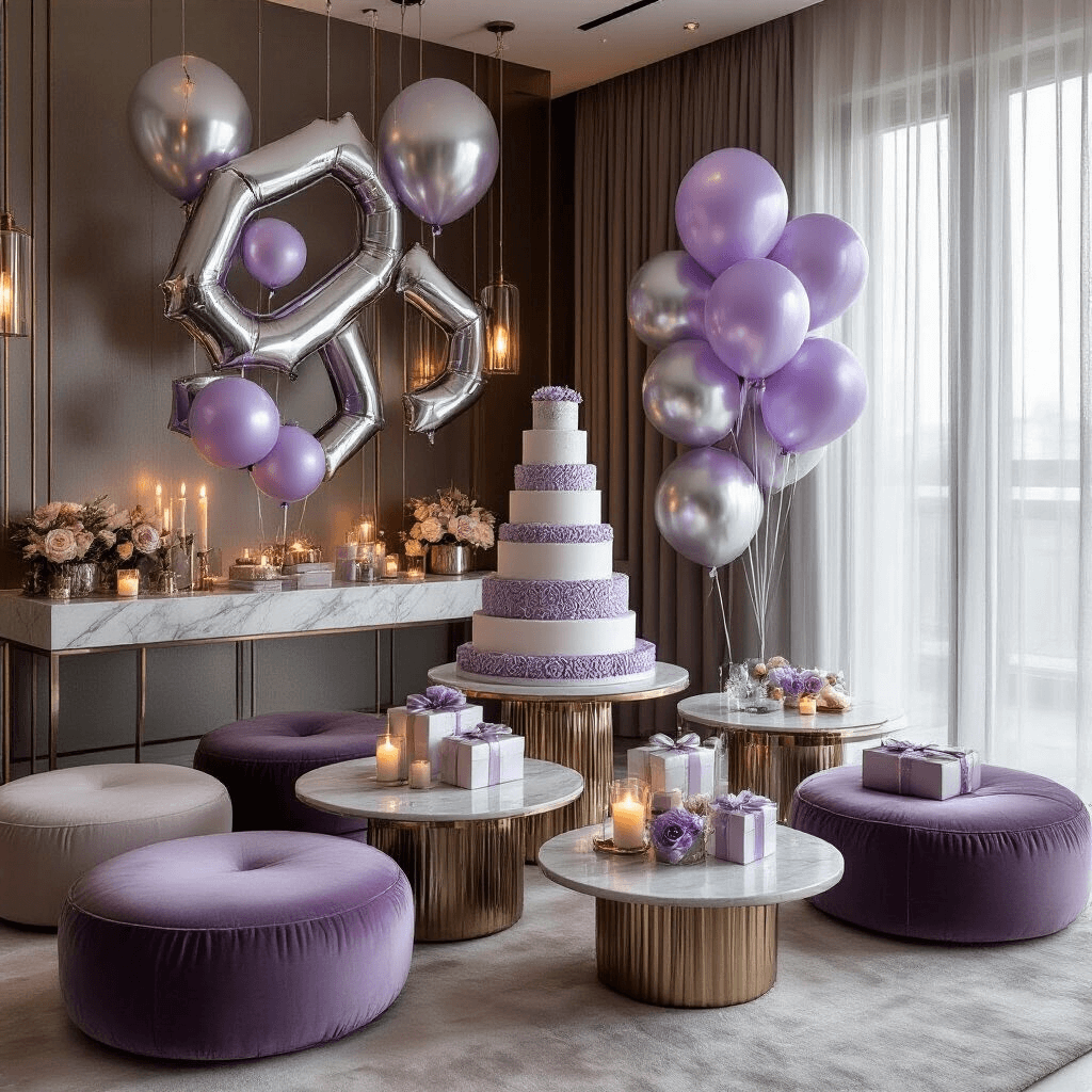 Close-up of a modern apartment birthday celebration with lavender and silver double-stuffed link balloons, velvet floor cushions around a tiered cake display, geometric metallic balloon chains, candlelit ambiance through transparent balloons, elegant gift arrangements on marble countertops, and sheer drapery enhancing the luxurious minimal styling.