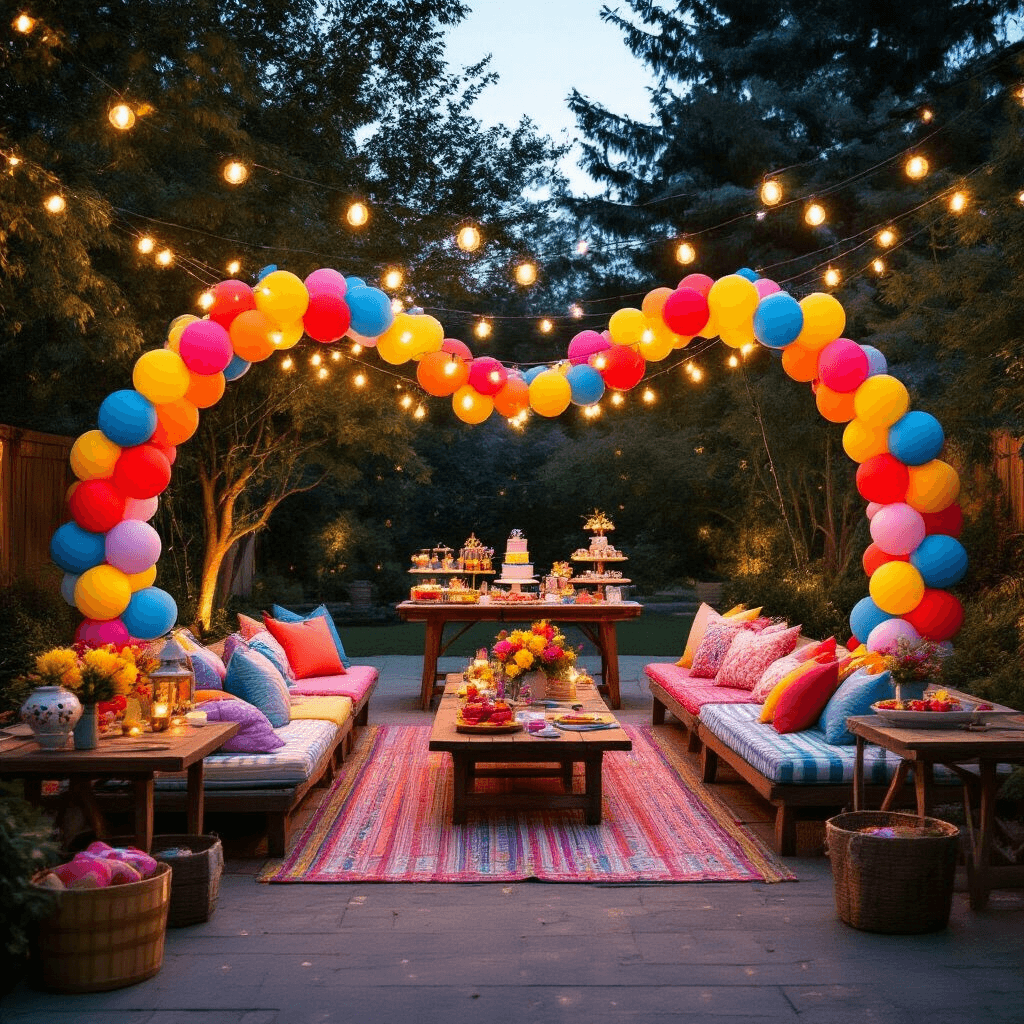 A vibrant backyard party at dusk featuring bold balloon arches, string lights, picnic seating with colorful linens, and a dessert cart framed by a balloon garland, creating a magical atmosphere with personalized decorations.