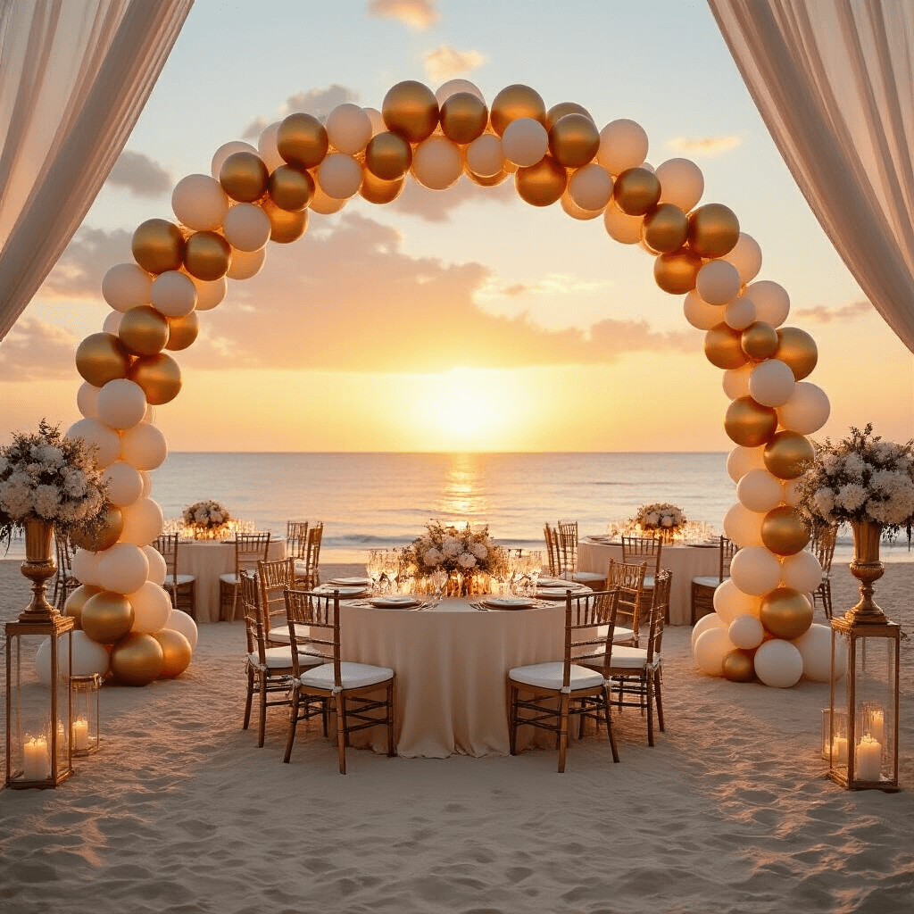 Dramatic wide-angle view of a beachfront wedding at sunset, featuring gold and ivory balloon installations, elegant round tables with silk linens, and fresh white florals, all bathed in warm, romantic golden hour lighting.