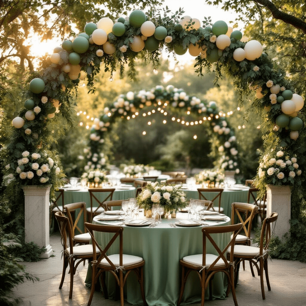 Cinematic wide-angle view of an elegant outdoor garden wedding reception at golden hour, featuring round tables with sage green silk linens, balloon arches in shades of eucalyptus, forest, and mint green, cream roses on marble pedestals, string lights, vintage wooden chairs, and lush greenery.