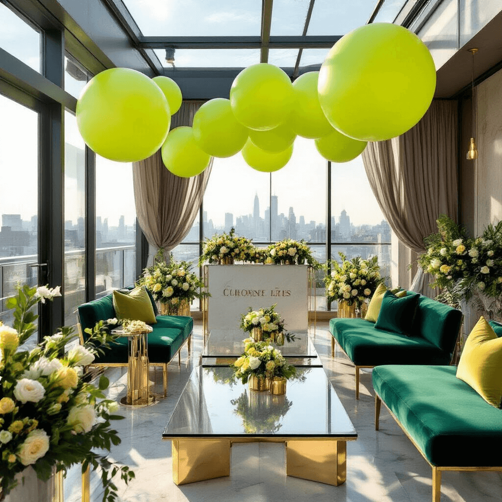 Overhead view of a luxurious corporate product launch on a modern rooftop terrace, featuring geometric lime and neon green balloon installations, sleek glass tables with metallic gold accents, velvet emerald cushions, and soft morning light filtering through sheer drapery, highlighting personalized signage and contemporary floral arrangements.