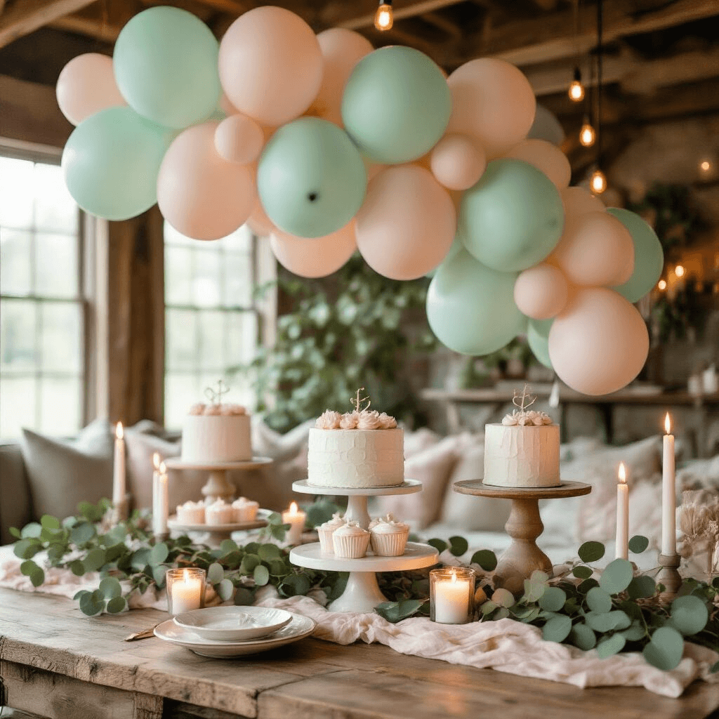 Close-up of a cozy birthday celebration in a candlelit living room, featuring pastel mint and sage balloons, blush pink and cream textiles, and eucalyptus garlands among flickering candles and party favors on rustic wood tables.