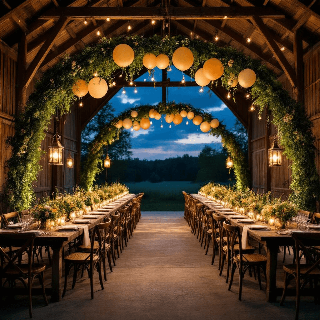 A rustic barn reception under a fairy-lit night sky, featuring deep forest and emerald green balloon arches framing long wooden tables with cream linens, vintage brass lanterns illuminating wildflower centerpieces, and mismatched wooden chairs enhancing the whimsical atmosphere.