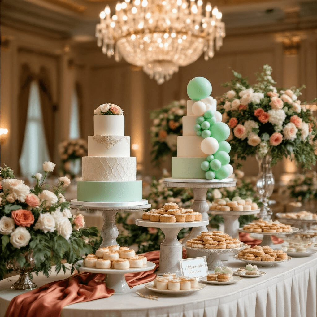 Elegant dessert station in a grand ballroom featuring tiered cake displays with mint and sage balloons, marble pedestals holding delicate pastries, and silk ribbons in terracotta and gold amidst lush botanical arrangements, all under soft chandelier lighting.