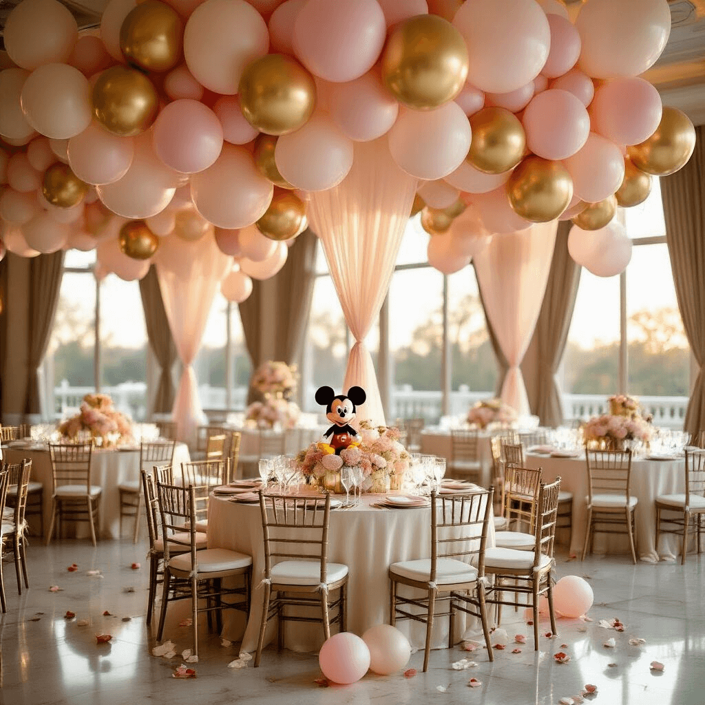 Wide-angle shot of an elegant ballroom decorated with Mickey Mouse-themed centerpieces, blush pink and gold foil balloons, ivory table linens, and crystal glassware under soft natural light.