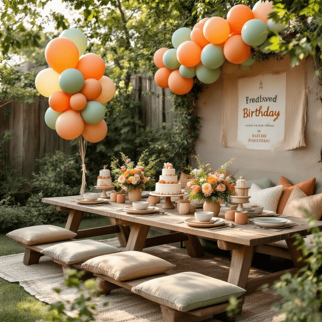 Close-up of a cozy backyard setup in soft morning light, featuring Pixar-themed balloon bouquets in terracotta and sage colors, low picnic tables with floor cushions, ceramic place settings, fresh floral arrangements, and tiered birthday cake displays, all illuminated by natural sunlight with a balloon photo backdrop adorned with personalized signage and earthy textiles.