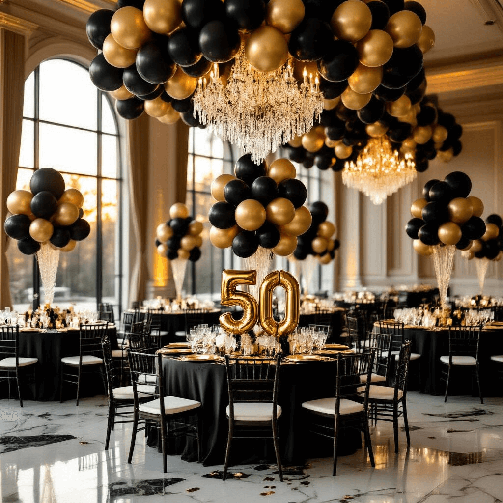 Luxurious indoor ballroom decorated for a 50th birthday celebration, featuring elegant black and gold balloon arrangements, round tables with silk ivory linens and gold charger plates, towering '50' centerpieces, and warm amber lighting reflecting off marble floors.