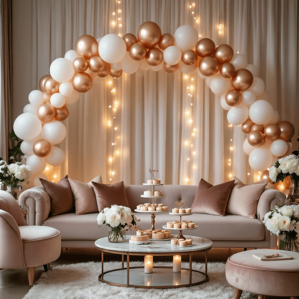 Intimate modern apartment living room decorated for a 50th birthday, featuring a rose gold and white balloon garland, marble-topped dessert cart, glass coffee table with tiered cake stands, low seating with velvet blush cushions, and soft fairy lights, all creating a romantic ambiance with sheer drapery and fresh white peonies.