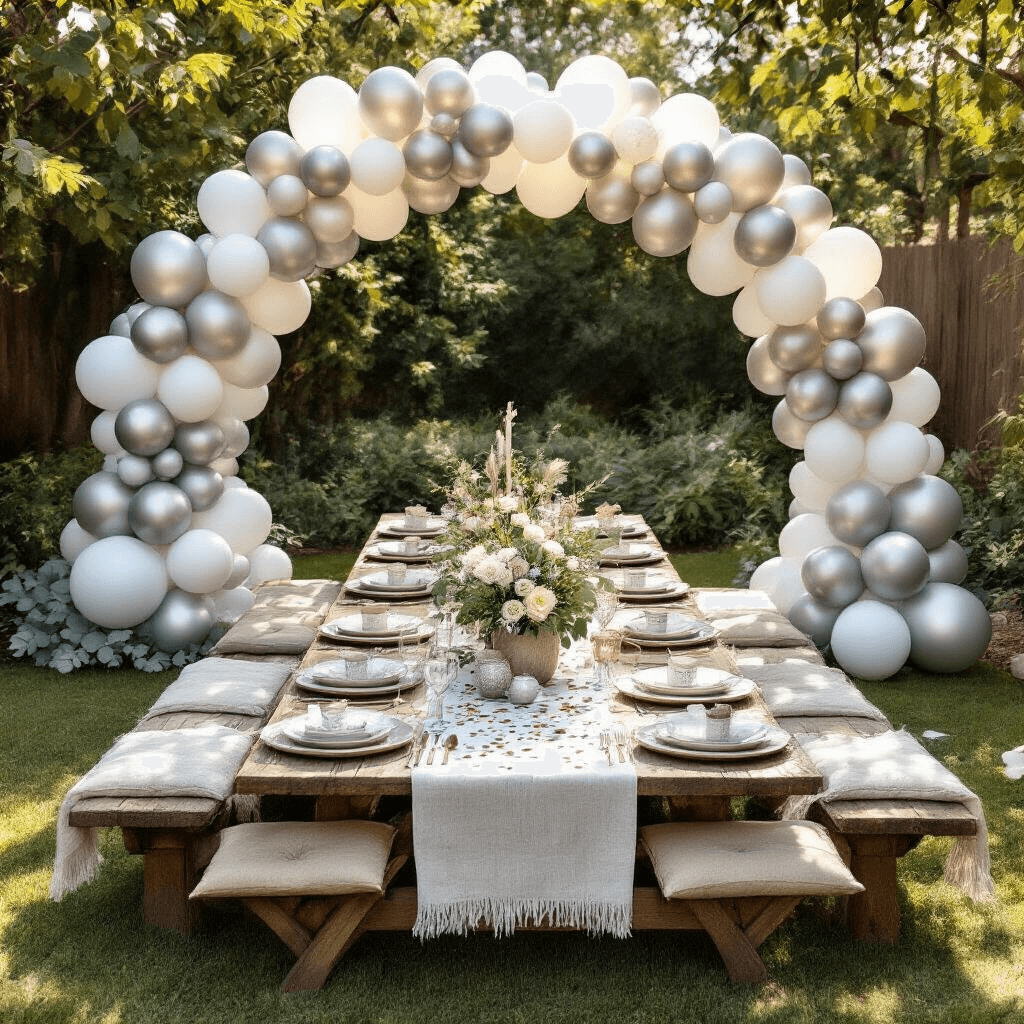 Overhead view of a stylish backyard garden party for a 50th birthday featuring a silver and white balloon arch over rustic picnic tables, confetti balloons, eucalyptus garland, and elegant dinnerware under midday sunlight.