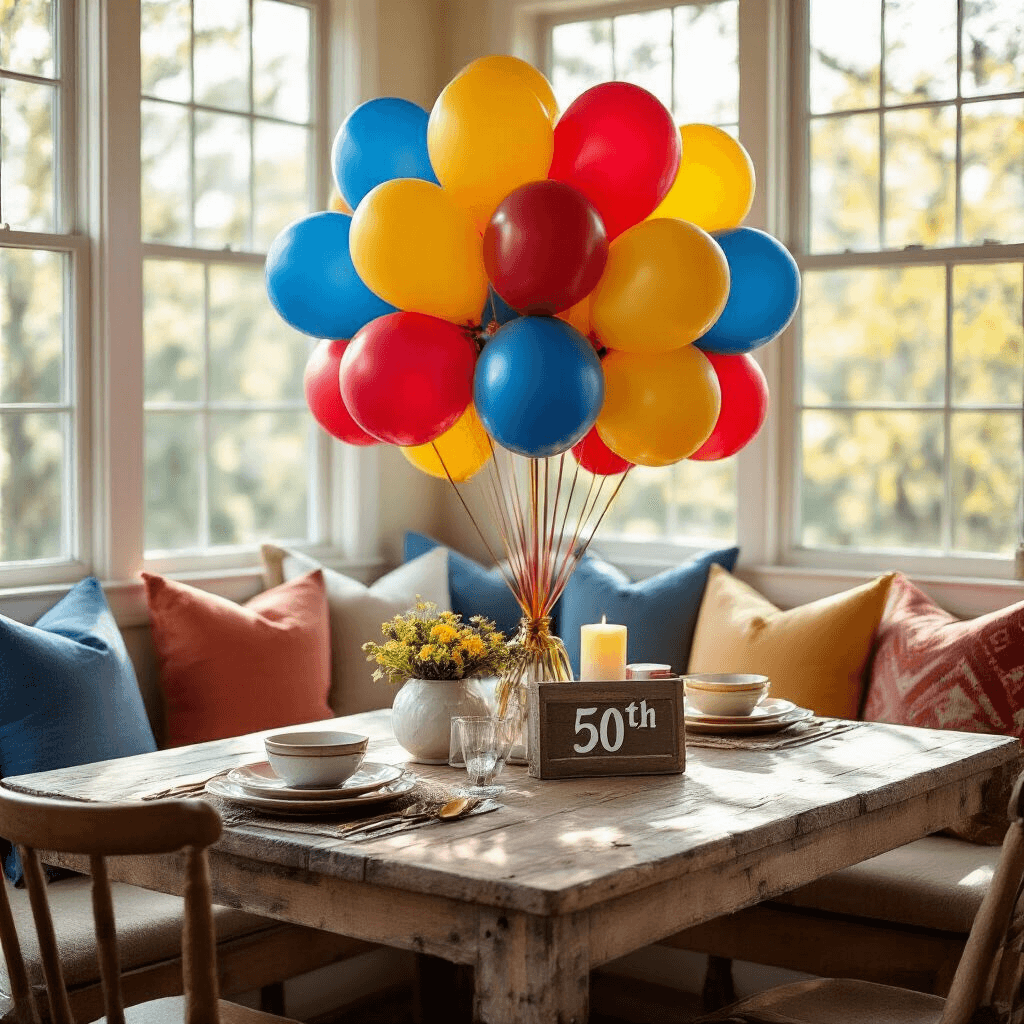 Cozy dining nook set for a 50th celebration, featuring a colorful balloon bouquet centerpiece on a reclaimed wood table, with layered textiles, ceramic serving pieces, and pillar candles, all illuminated by soft morning light.