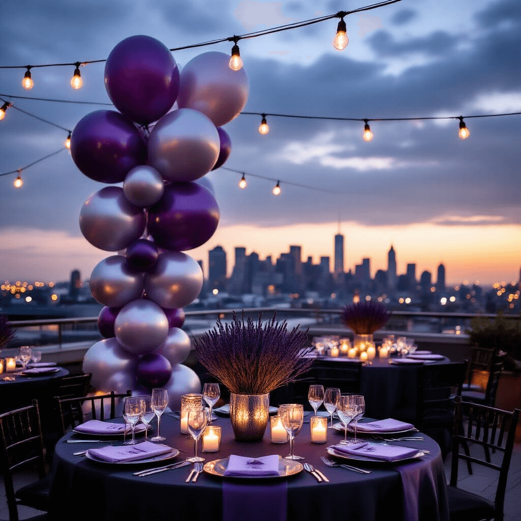 An elegant rooftop terrace setup for a 50th birthday, featuring a moody wide-angle view of lavender and silver balloon installations against a city skyline at dusk, with round cocktail tables adorned in silk charcoal linens, floating candles in glass hurricanes, and tiered balloon arrangements, all enhanced by fresh lavender sprigs, silver mercury glass votives, and shimmering string lights overhead.