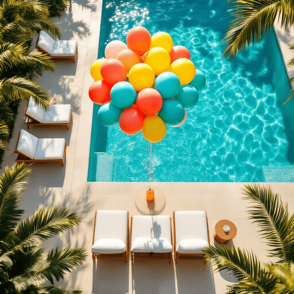 Overhead wide-angle view of a turquoise pool adorned with colorful balloon clusters in coral, sunshine yellow, and ocean blue, surrounded by modern furniture and lush palm plants, illuminated by golden hour sunlight reflecting off the water.