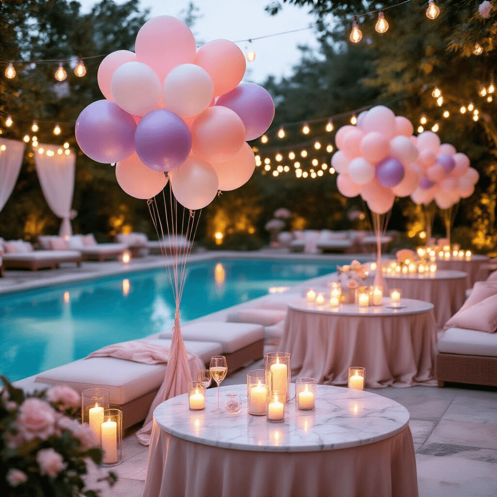 Cinematic side-angle view of an elegant poolside evening party with pastel balloon arrangements, warm fairy lights, marble cocktail tables, and candlelit ambiance, creating a romantic and luxurious atmosphere.