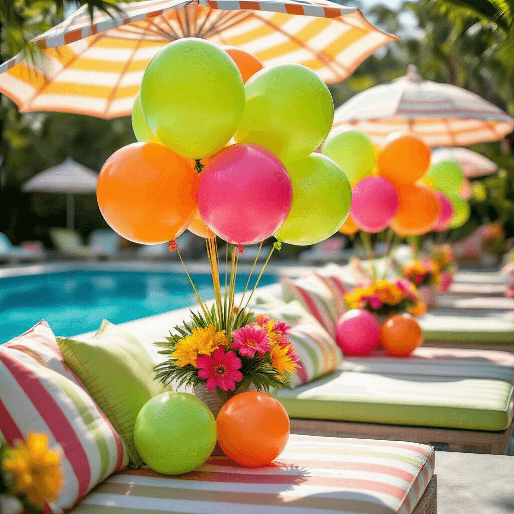 Close-up of a vibrant tropical pool party setup featuring colorful balloon bouquets in lime green, hot pink, and electric orange, accented with fresh flowers and set against a backdrop of striped umbrellas and bright cushions, all illuminated by natural morning sunlight.