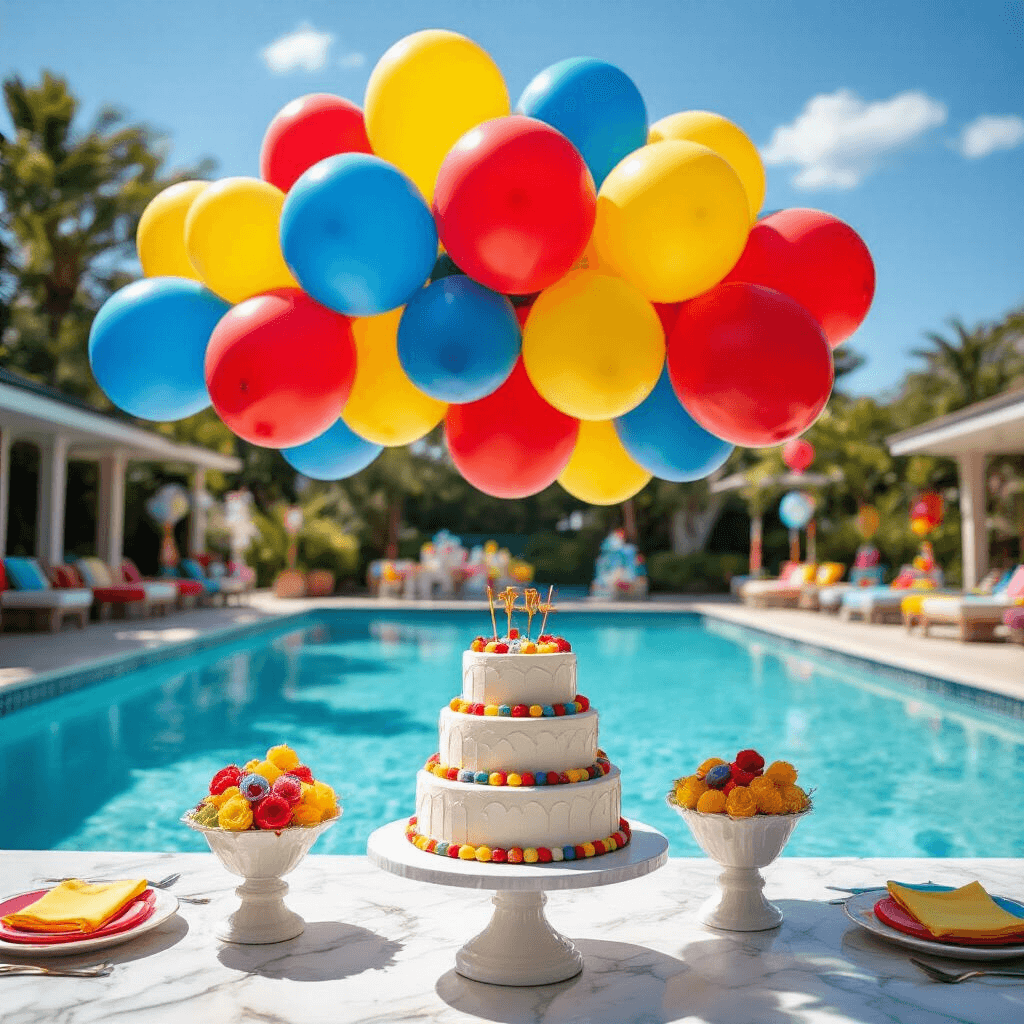 Wide-angle view of a vibrant poolside birthday celebration with clusters of bold primary-colored balloons above a clear pool, surrounded by white tables with colorful linens and a tiered birthday cake on a marble stand, all under bright midday sun.