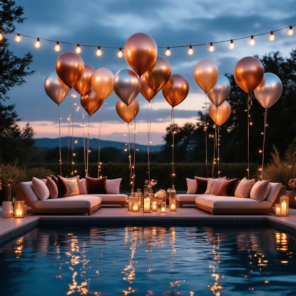 Moody evening pool party featuring metallic balloon arrangements in gold, silver, and rose gold above dark water, elegant jewel-toned lounge furniture with velvet cushions, magical string lights overhead, and warm candlelight accents creating an intimate and luxurious atmosphere.