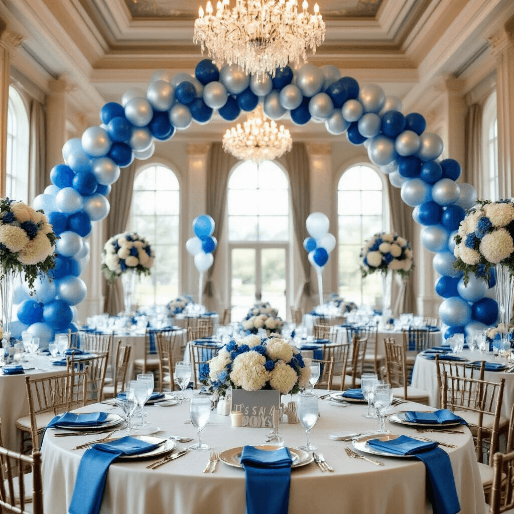 Elegant indoor ballroom with soaring ceilings and crystal chandeliers, featuring a blue and silver balloon arch at the entrance. Round tables with ivory silk linens, baby blue napkins, and silver charger plates are adorned with fresh white hydrangeas, eucalyptus centerpieces, and 'It's a Boy' Mylar balloons, all illuminated by soft morning light streaming through tall windows.