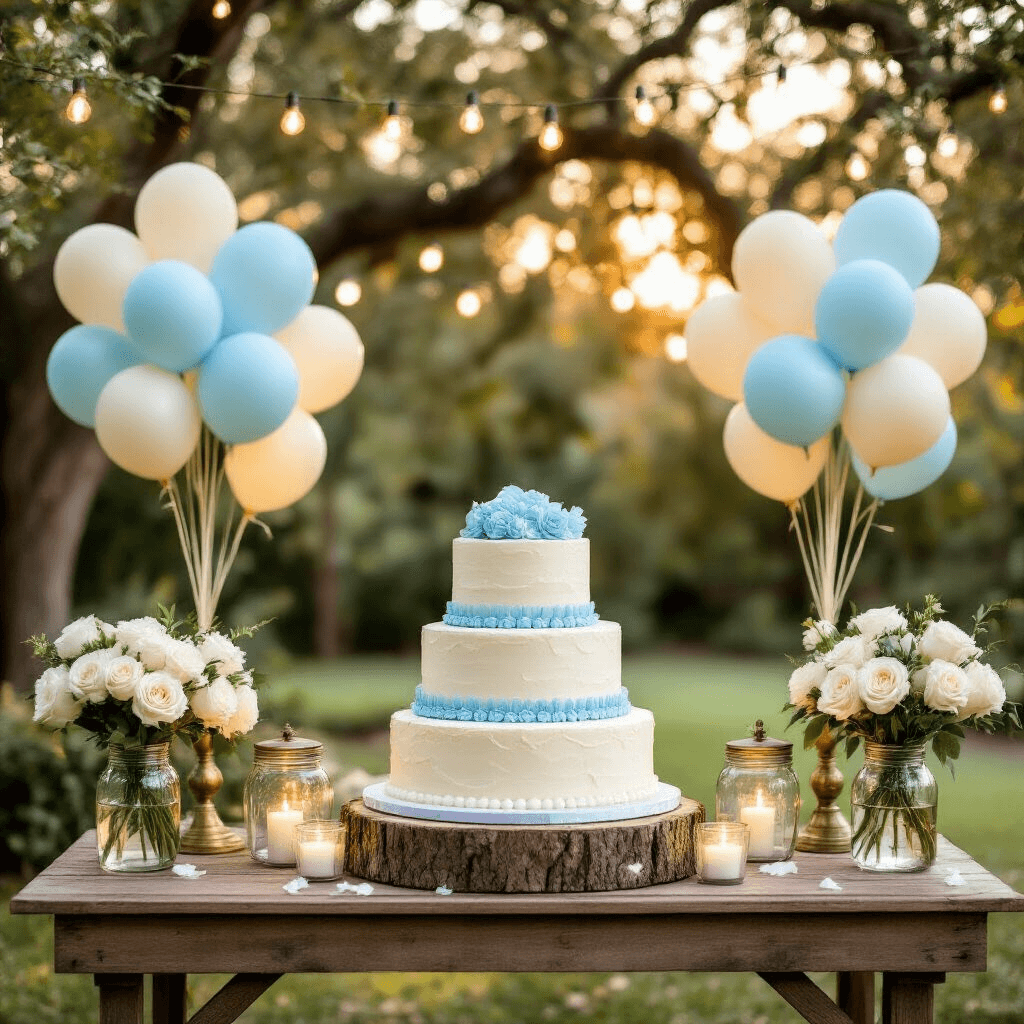 Intimate garden party setup at golden hour featuring a rustic wooden dessert table with a three-tiered vanilla cake adorned with blue fondant details, surrounded by baby blue and cream balloon bouquets, twinkling fairy lights in oak trees, vintage brass candlesticks, and mason jars filled with white roses, all under soft natural sunlight.