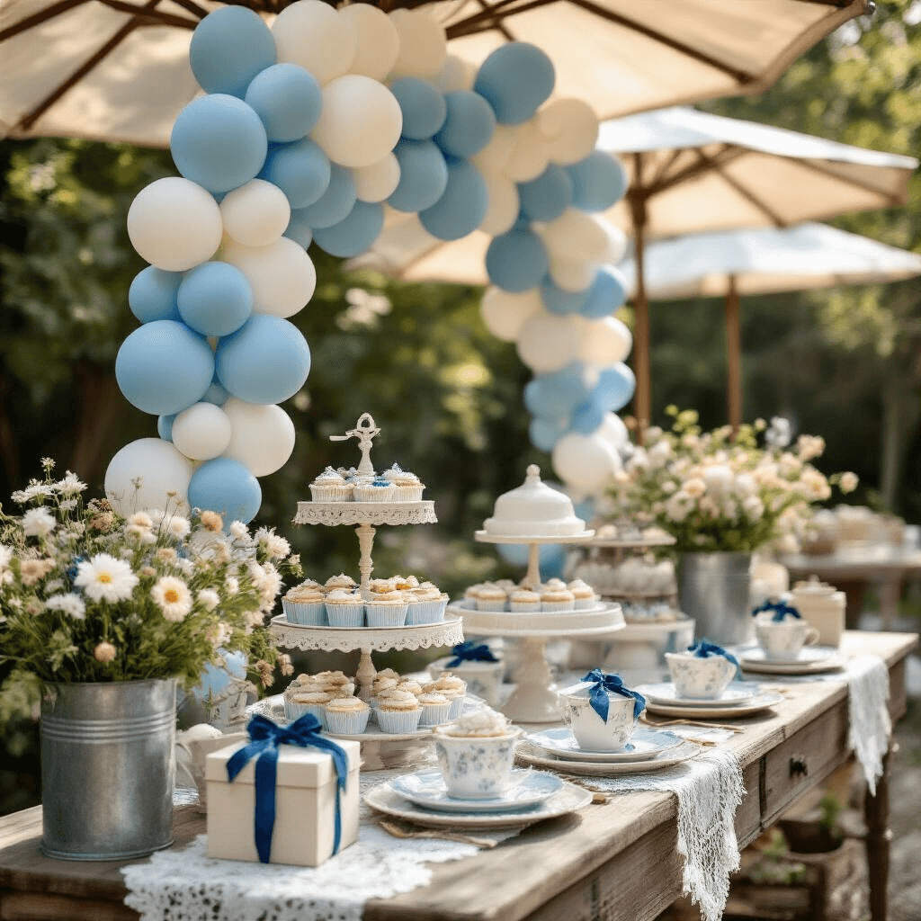 Close-up of a whimsical backyard celebration with a vintage dessert cart adorned with dusty blue and ivory balloon garlands, rustic wood elements, lace table runners, and ceramic serving pieces, all illuminated by soft afternoon light filtering through market umbrellas. Personalized favor boxes tied with blue velvet ribbons and wildflower arrangements in galvanized buckets complete the nostalgic scene, enhanced by vintage storybook props.