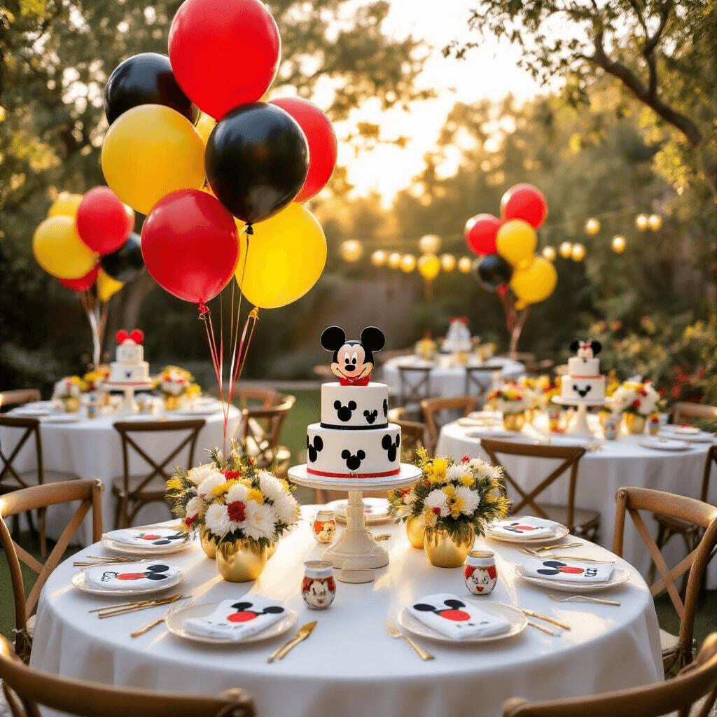 Wide-angle shot of a stylish backyard Disney birthday party at golden hour, featuring round tables with white linens, Mickey Mouse balloons in red, yellow, and black, metallic gold weights, foil character balloons, fresh white florals, and tiered Mickey-themed cakes on marble stands, all bathed in warm sunlight.