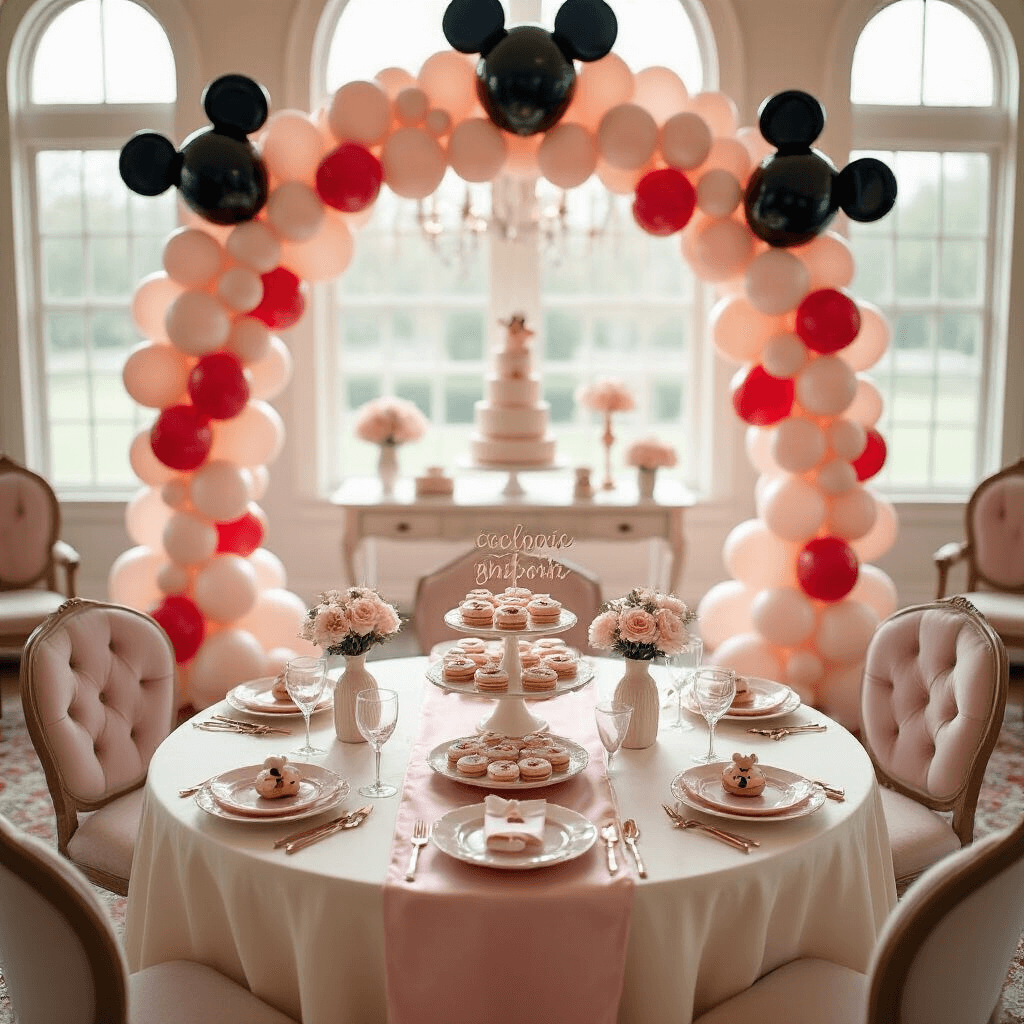 Cinematic overhead view of an elegant Mickey Mouse baby shower setup in blush pink and cream with red accents, featuring silk table runners, Mickey balloon clusters, a professional balloon arch, a dessert cart with personalized signage, velvet cushioned chairs, delicate glassware, and whimsical tulle and balloon decorations.