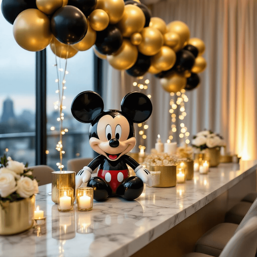 Close-up detail of a luxury Mickey Mouse corporate event featuring gold and ivory decor, sophisticated black balloon sculptures, elegant centerpieces on marble countertops, candlelight and fairy lights, metallic accents, and sheer drapery backdrop.