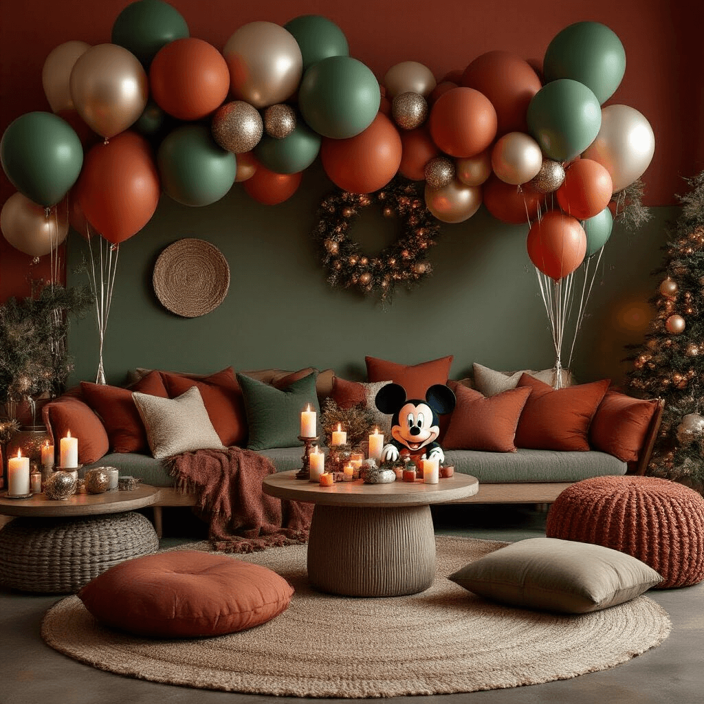 A cozy living room decorated for a holiday celebration featuring Mickey Mouse, with rich terracotta and sage green colors, low tables and floor cushions, clusters of textured balloons, and fairy lights. Candle groupings create an intimate ambiance amidst whimsical balloon styling and layered textiles.