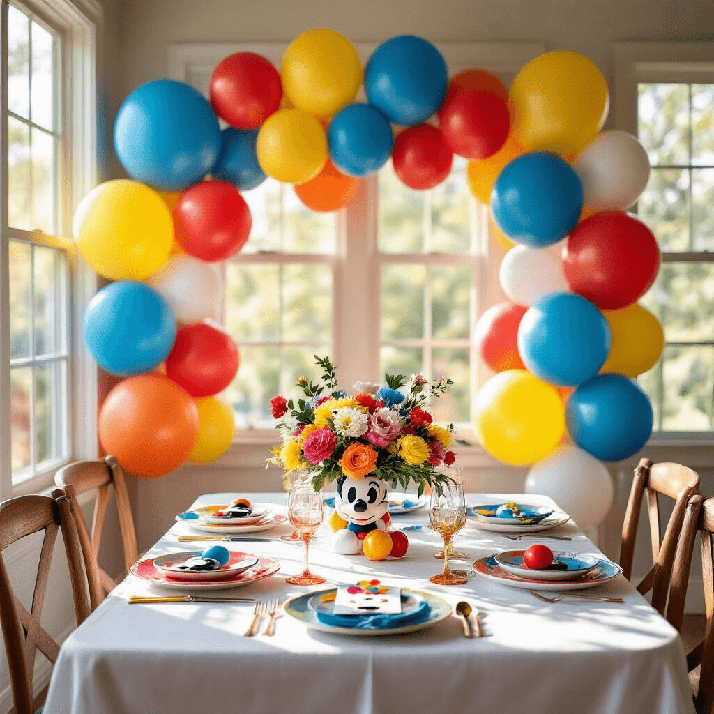 Flat lay of a Disney-themed dining nook for a Mickey Mouse party, featuring bold primary colors, white linens, balloon sculptures, and floral centerpieces, all illuminated by soft morning light.