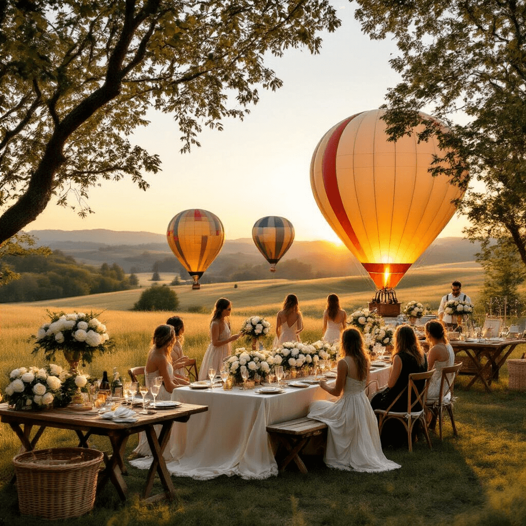 Wide-angle view of an elegant outdoor balloon launch event at golden hour, featuring a luxurious picnic setup with ivory silk linens, rustic wooden tables with crystal glassware, white rose centerpieces, and colorful hot air balloons inflating in the background. Guests in flowing dresses gather around champagne stations, with vintage wicker baskets and fairy lights strung between trees casting soft shadows in the warm light.
