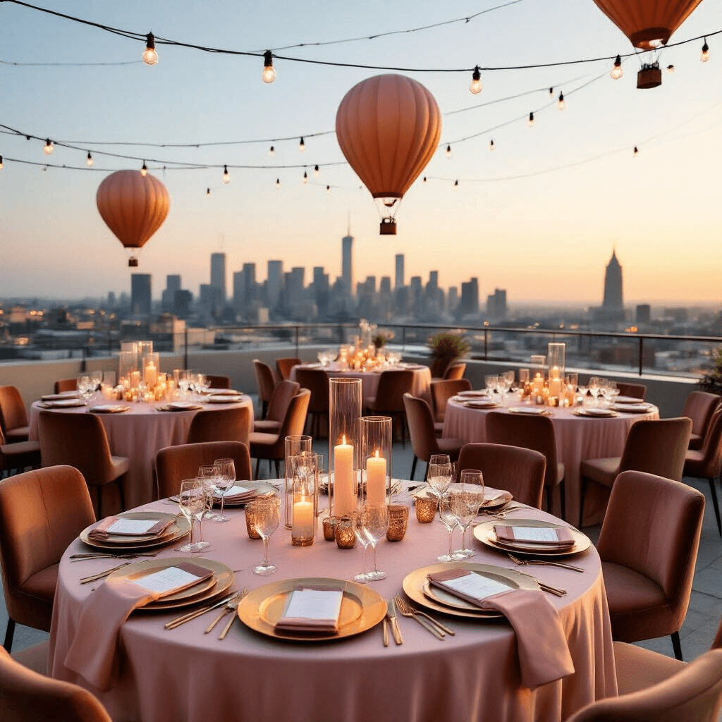 Intimate rooftop terrace celebration at sunset featuring blush pink silk-draped tables, gold charger plates, tall glass vases with floating candles, and miniature balloon centerpieces. A beautiful city skyline is visible in the background, with string lights overhead creating a magical ambiance. The scene includes velvet lounge seating, marble cocktail tables, and personalized balloon-shaped favors scattered throughout.