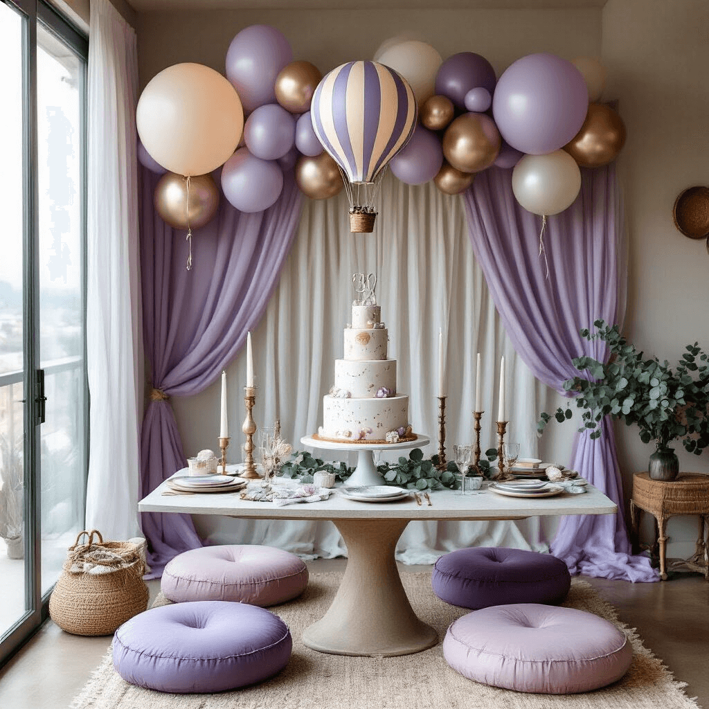 Overhead view of a whimsical balloon-themed party setup in a modern apartment, featuring a low dining table with lavender and silver cushions, a tiered cake with hot air balloon toppers, sheer drapery, scattered metallic balloons, eucalyptus garlands, ceramic plates, and vintage brass candlesticks, all illuminated by soft natural light.