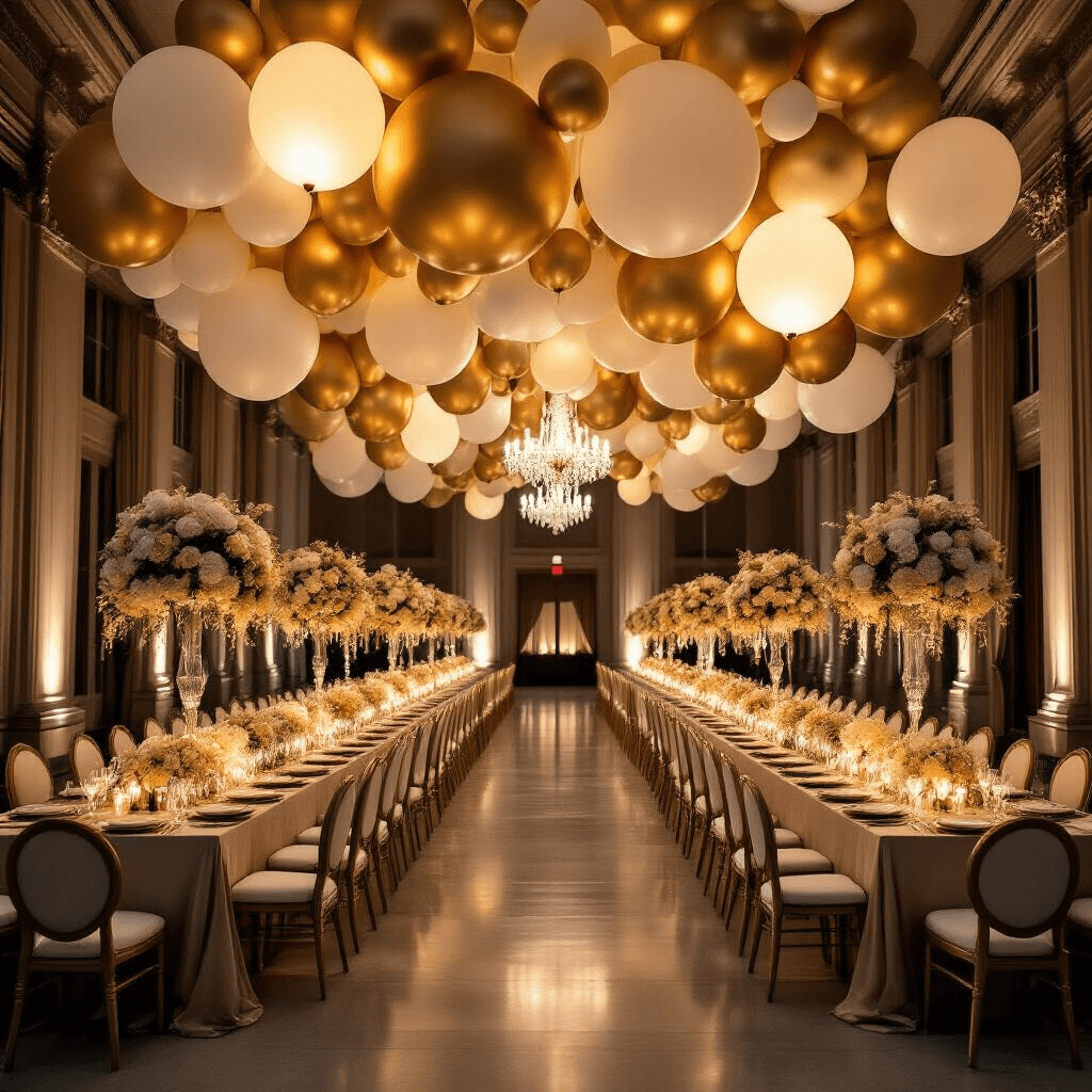 A grand indoor ballroom transformed into a balloon wonderland, featuring oversized gold and ivory paper balloon installations, moody candlelit banquet tables with silk runners, crystal chandeliers, lush floral arrangements mimicking balloon shapes, and rich textures that create an intimate atmosphere.