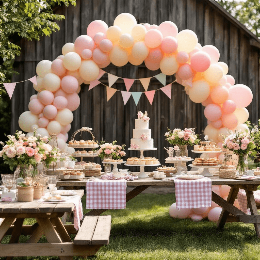 Close-up detail of a rustic backyard birthday celebration featuring a pastel balloon arch in blush pink and cream, a dessert cart with tiered cakes and vintage glassware, wooden picnic tables with gingham linens and mason jar centerpieces, and a vibrant kids area with streamers and DIY photo booth props.